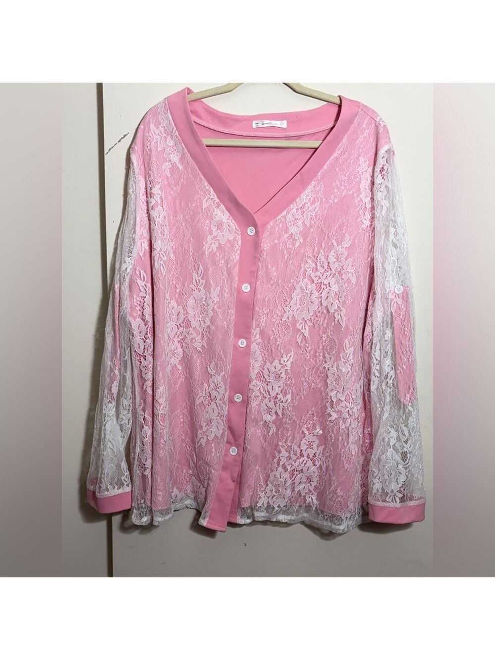 Rosegal Pink Sheer Floral Lace Long Sleeve Top Size 5x